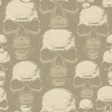 Seamless pattern with human skulls. Vector background with hand-drawn skulls. Graphic print for apparel, fabric, wallpaper, wrapping paper, design element for halloween partyのイラスト素材