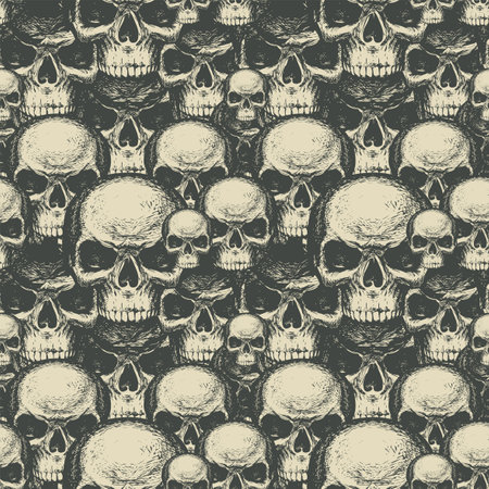 Seamless pattern with many human skulls. Repeating vector background with hand-drawn skulls. Graphic print for clothing, design element for Halloween, fabric, wallpaper, wrapping paperのイラスト素材