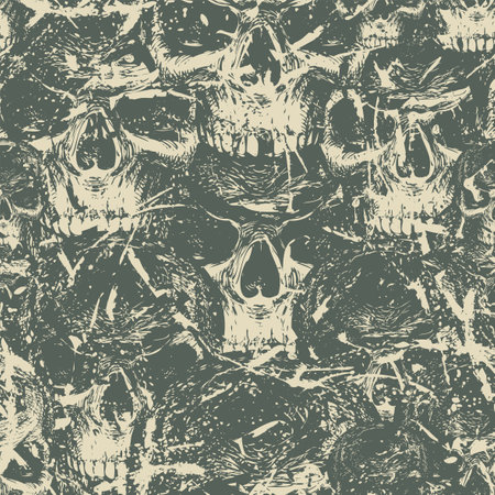 Abstract seamless pattern with human skulls. Dark vector background with ominous skulls in grunge style. Wallpaper, wrapping paper, fabric, graphic print for clothes, design for halloween partyのイラスト素材