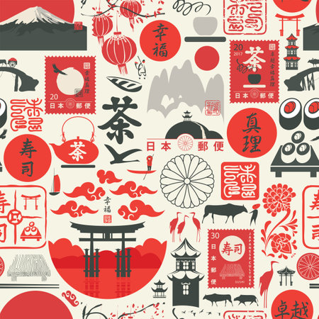 Seamless pattern on the theme of Japan with Japanese hieroglyphs Sushi, Tea, Perfection, Happiness, Truth, Japan Post. Vector repeating background, wallpaper, wrapping paper, fabricのイラスト素材