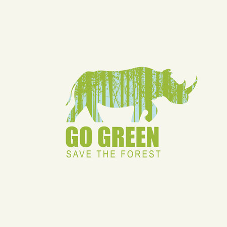 Creative illustration on the theme of environmental protection with the words Go green, Save the forest. Vector poster in the form of big rhino with silhouettes of trees. Eco Poster Conceptのイラスト素材