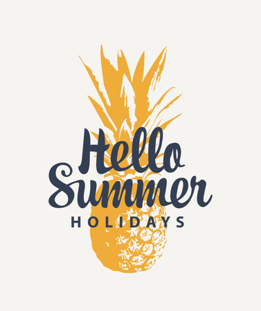 Vector banner with a ripe pineapple and a calligraphic inscription Hello Summer Holidays on a light background. Suitable for summer poster, flyer, invitation, card, t-shirt designのイラスト素材