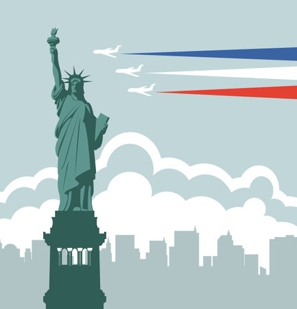 Travel banner with the Statue of Liberty, flying planes and silhouettes of New York skyscrapers. Vector illustration in flat style with the famous monument of the USAのイラスト素材