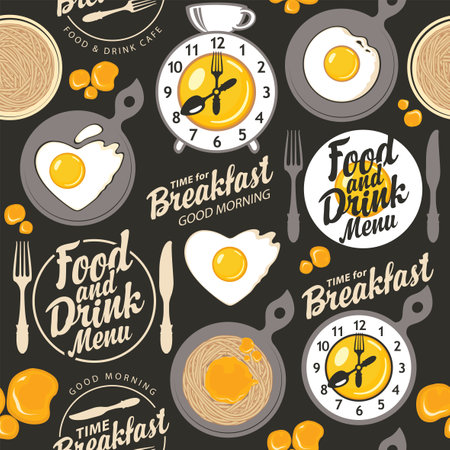 Vector seamless pattern on the theme of breakfast with scrambled eggs, pasta, alarm clock and inscriptions on a black background. Suitable for wallpaper, wrapping paper or fabricのイラスト素材