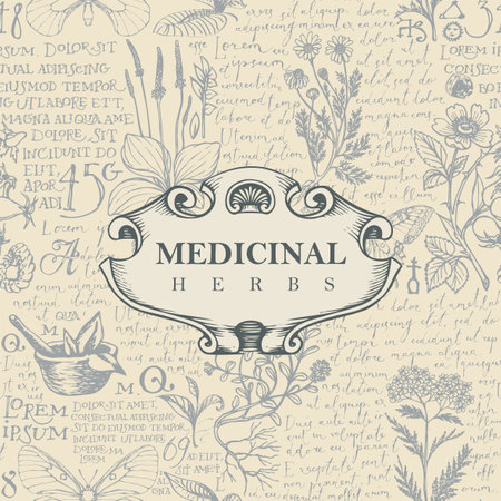 Vector banner or label for medicinal herbs in retro style. Hand-drawn background with medicinal herbs and handwritten text Lorem Ipsumのイラスト素材