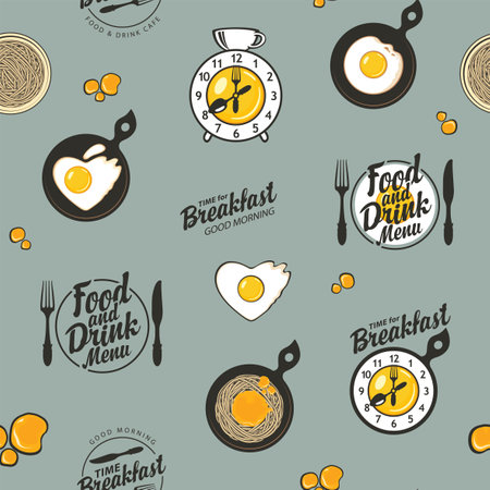 Vector seamless pattern on the theme of breakfast with scrambled eggs, pasta, alarm clock and inscriptions on a gray background. Suitable for wallpaper, wrapping paper or fabric in retro styleのイラスト素材