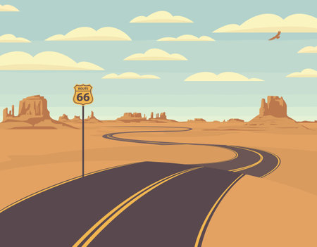 Vector illustration of a highway in the desert and mountains. Summer landscape with empty road. Historic US Route 66, roadway with a pointer, the horizon with a sandy wasteland. Nature backgroundのイラスト素材
