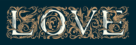 Ornate inscription Love in the form of fanciful initial letters in vintage style. Suitable for t-shirt design, Valentine card, wedding invitation. Vector hand-drawn lettering on a black backgroundのイラスト素材