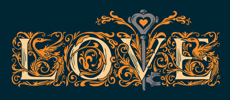 Ornate inscription Love in the form of fanciful initial letters with old key in vintage style. Suitable for t-shirt design, Valentine card, wedding invitation. Vector lettering on a black backgroundのイラスト素材