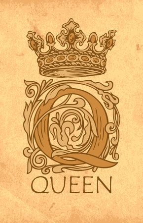 Vintage monogram with an ornate initial letter Q, hand-drawn crown and inscription Queen. Beautiful capital letter Q with baroque decorations on an old paper background.のイラスト素材