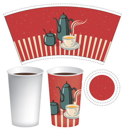 Vector paper cup template for hot drinks. Disposable cup for tea, coffee and other beverages with a hand-drawn cup of hot tea, a teapot and a sugar bowl in retro style on a red backgroundのイラスト素材