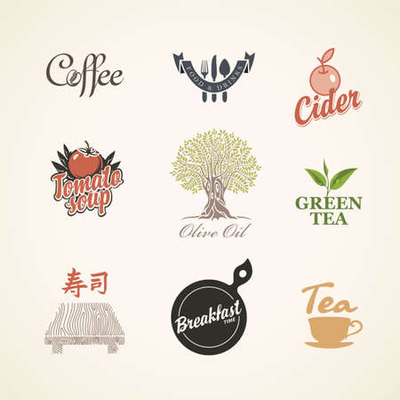 Set of  labels, stickers or badges on the theme of food and drink. Vector icons for restaurant menu, olive oil, tomato soup, cider, sushi, coffee and tea in retro style. Chinese hieroglyph Sushiのイラスト素材