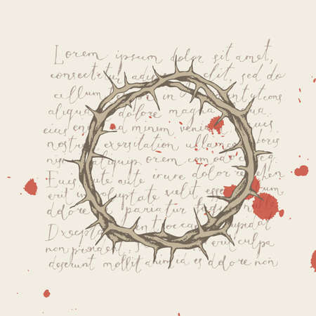 Religious banner or Easter greeting card in retro style. Creative vector illustration with a crown of thorns and red blood drops on a background of handwritten text Lorem ipsumのイラスト素材