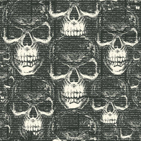 Vector seamless pattern with with old magazine or newspaper columns on a black backdrop with ominous human skulls in retro style. Suitable for wallpaper, wrapping paper, textiles, fabric, backgroundのイラスト素材