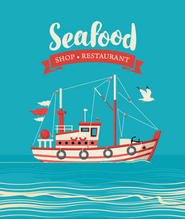 Vector banner or menu for a seafood shop or restaurant with a ship against the blue seascape. Decorative vector illustration of a side view of a fishing boat or a trawler in a cartoon styleのイラスト素材