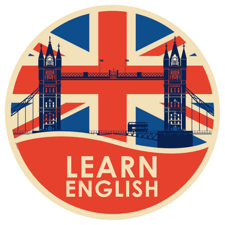 Vector logo or icon on the topic of learning English for a language school or online courses. Decorative round banner in retro style with Tower Bridge, the British flag and inscription Learn Englishのイラスト素材