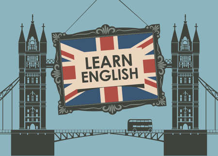 Vector banner on the theme of learning English for a language school or online courses. Decorative illustration in a flat style with tower bridge, the British flag and the inscription Learn englishのイラスト素材