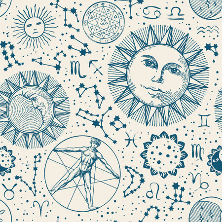 Seamless pattern with zodiac signs, face of the sun, moon face, stars, constellations and human...