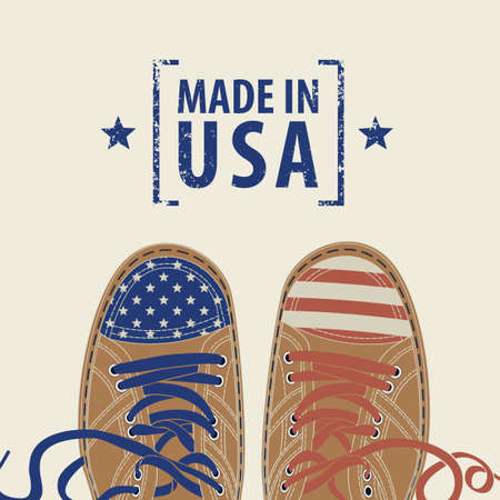 Vector banner with the words Made in USA and brown sneakers with different laces and elements of the American flag on a light background. Suitable for flyer, banner, poster, price tag, labelのイラスト素材