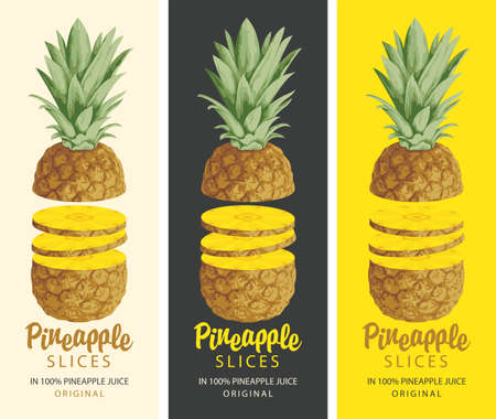Set of three vertical labels for pineapple slices with calligraphic inscription and realistic sliced pineapple on various backgrounds. Natural ripe sweet pineapple. Vector illustrations in retro styleのイラスト素材