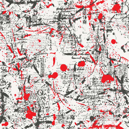 Abstract seamless pattern with fragments of unreadable handwritten and printed text with black and red spots. Creative vector background in grunge style.のイラスト素材