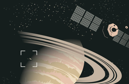 Space sci-fi background with UFO and satellite near the planet Saturn, a view from space. Vector banner on the theme of extraterrestrial civilizations. Alien flying saucer and gas giant in dark skyのイラスト素材