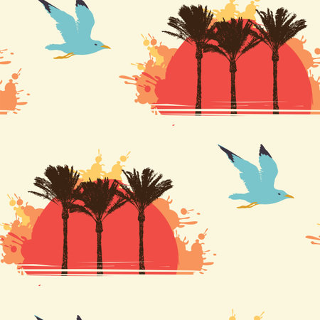 Tropical seamless pattern with big red sun, silhouettes of palm trees and flying seagulls on a light...