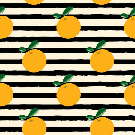 Summer fruit seamless pattern with fresh oranges and green leaves on a striped backdrop. Cartoon vector background with stylized citrus fruits, suitable for wallpaper design, wrapping paper, fabricのイラスト素材