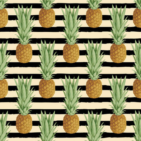 Vector seamless pattern with ripe pineapples on a striped backdrop. Suitable for wallpaper, wrapping paper, fabric, textile, graphic print for clothing, tropical design. Summer fruit background.のイラスト素材