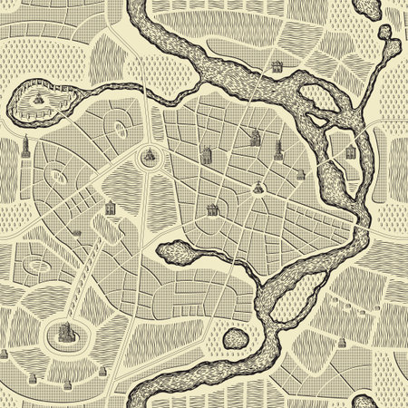Seamless pattern in the form of an abstract city map in retro style. Vector repeating background...