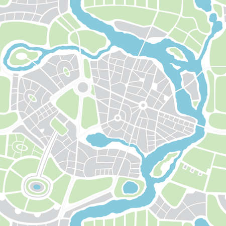 Seamless pattern in the form of abstract city map. Vector repeating flat illustration with a city road plan. Decorative map with town streets, green parks and a blue river. Color schematic backgroundのイラスト素材