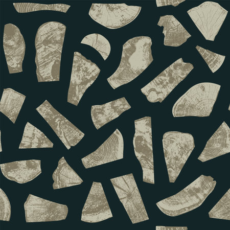 Abstract seamless pattern with various fragments of old wood saw cuts on a black backdrop. Vector...