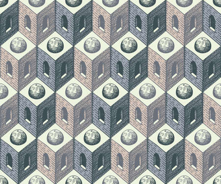 Abstract seamless pattern with pencil drawings of architectural elements. Hand-drawn geometric background in op art style. Vector texture, suitable for wallpaper, wrapping paper, flooring, fabricのイラスト素材
