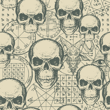 Abstract seamless pattern with hand-drawn human skulls, goat head, esoteric and occult symbols on an old paper backdrop. Vector background on a theme of occultism, satanism, black magic in retro styleのイラスト素材
