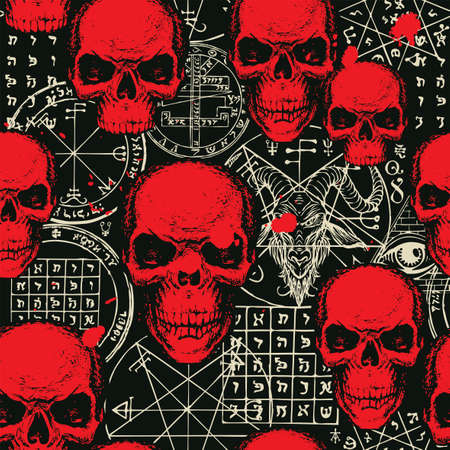 Abstract seamless pattern with sinister red human skulls, blood stains and hand-drawn goat head, occult and ritual symbols on the black backdrop. Vector background on the theme of occultism, satanismのイラスト素材