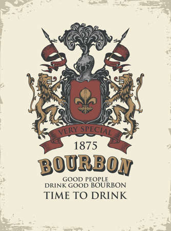 Hand-drawn banner or label for Bourbon with ornate coat of arms on a light background in grunge style. Vector vintage coat of arms with lions, spears, knights helmet and fleur de lis on a shieldのイラスト素材
