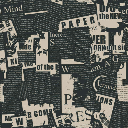 Abstract seamless pattern with a collage of old magazine and newspaper clippings. Vector background with illegible text, headlines and illustrations. Suitable for Wallpaper, wrapping paper, fabricのイラスト素材