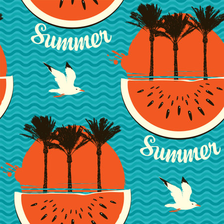 Summer seamless pattern with silhouettes of palm trees, big red sun, watermelon slices and seagulls...