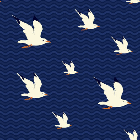 Seamless sea pattern with flying nautical birds - white marine seagulls on a dark blue backdrop with waves. Vector summer background in retro style, wallpaper, wrapping paper, fabric, travel designのイラスト素材