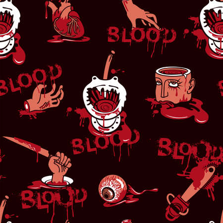 Seamless pattern with spooky cartoon pictures and inscriptions BLOOD on black backdrop. Vector background on a halloween theme with severed head and arms, torn out heart and eyes in a puddles of bloodのイラスト素材