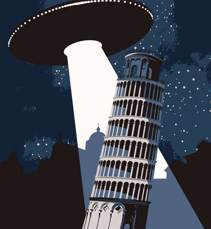 Vector banner on the theme of aliens attack. An illustration of a large flying saucer over a night city that sent a bright beam at the Leaning Tower of Pisa. The UFO invasionのイラスト素材