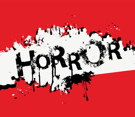 HORROR lettering with scary letters in grunge style. Vector illustration in the form of an abstract inscription with sinister black spots and drips on a red and white background. Halloween party styleのイラスト素材