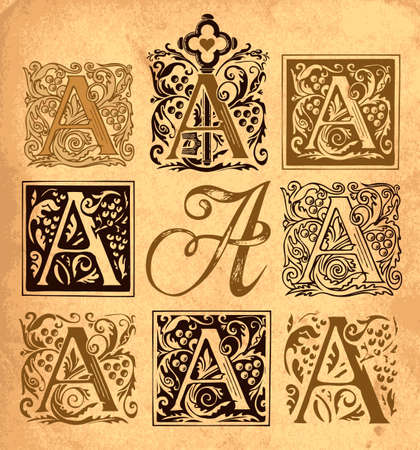 Initial letter A with vintage baroque ornamentations. Vector uppercase letters A with decorations on an old paper background. Beautiful filigree capital letter for monogram, logo, emblem, invitationのイラスト素材