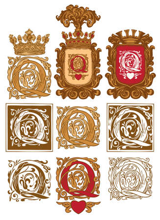 Set of ornate initial letters Q in vintage style. Great for luxury design of monogram, logo, invitation, playing card. Vector illustration of beautiful filigree capital letters Q with decorationsのイラスト素材