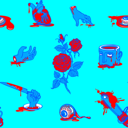 Seamless pattern with horrible cartoon pictures in a bloody puddles on a blue backdrop. Repeatable vector background with torn out human heart and eyes, severed hands and head. Halloween party styleのイラスト素材