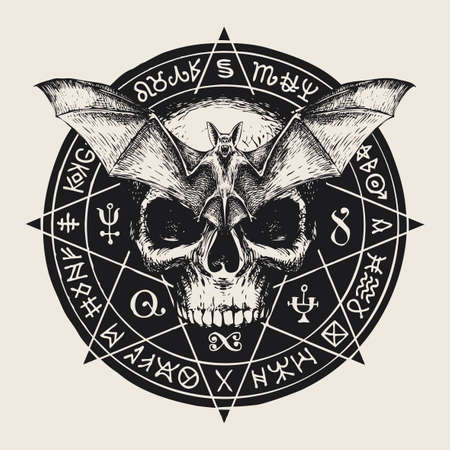 Hand-drawn sinister human skull, bat with open wings and magic symbols written in a circle. Witchcraft, occult attributes, esoteric signs. Monochrome vector banner or amulet with a flying vampireのイラスト素材