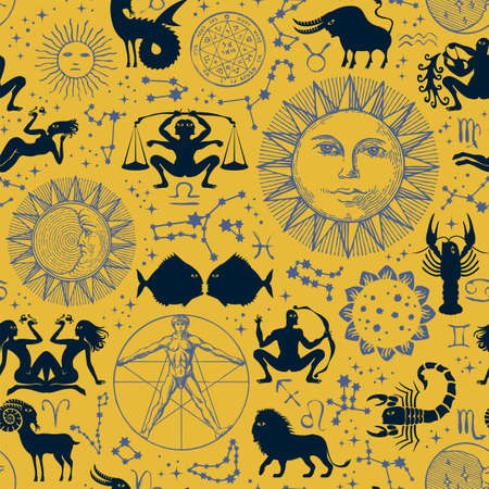Abstract seamless pattern with horoscope signs, zodiac symbols, sun, moon, stars, constellations and human figure like Vitruvian man on a yellow backdrop. Hand-drawn vector background in retro styleのイラスト素材