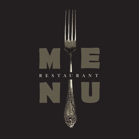 Vector menu template for a restaurant decorated with an old realistic fork on a black backgroundのイラスト素材