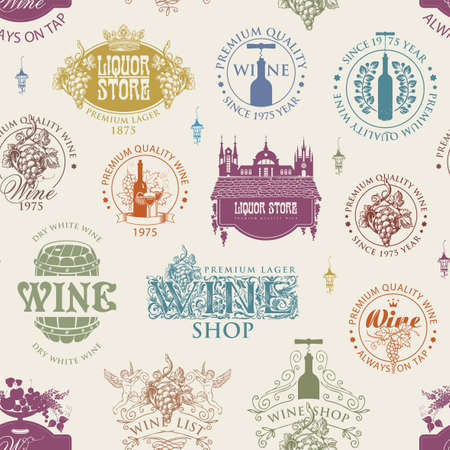 Seamless pattern with wine labels, logos, signs on a light background in retro style. Colored vector background on a theme of wine and liquor stores. Suitable for Wallpaper, wrapping paper or fabricのイラスト素材