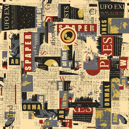 Abstract seamless pattern with chaotic layering of illegible newspaper text, illustrations and titles. Repeating vector background in retro style. Suitable for wallpaper, wrapping paper, fabric designの写真素材
